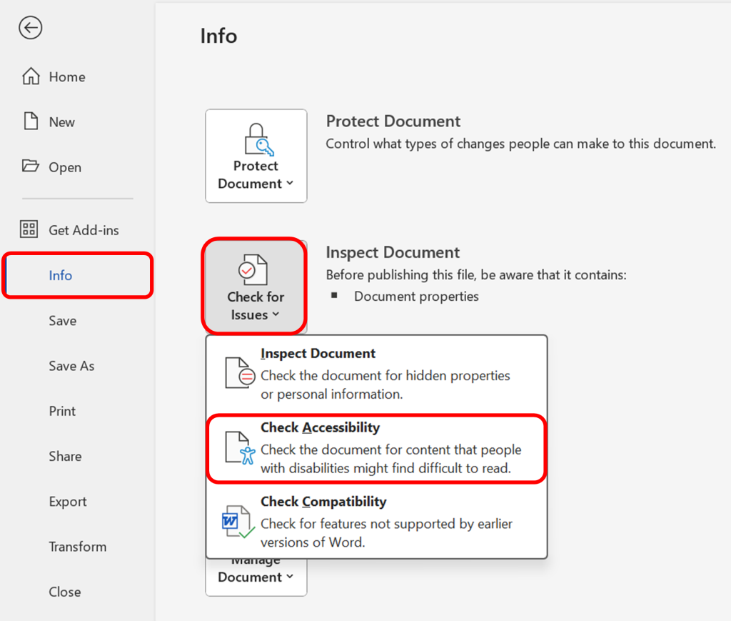 Demonstrates accessing the Accessibility Checker tool for evaluating and enhancing document accessibility.