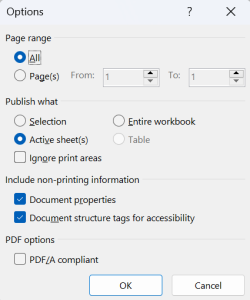 Process of saving a spreadsheet as an accessible PDF and the steps involved in ensuring the PDF version retains accessibility features.