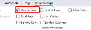 Demonstrates Table Design menu and accessing the styles option to set up a header row.