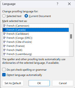Displays the list of language options available in Word.