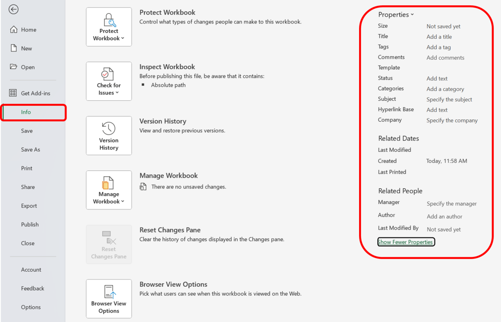 Displays metadata options including details like authorship, keywords, and subject headings for enhancing document identity.