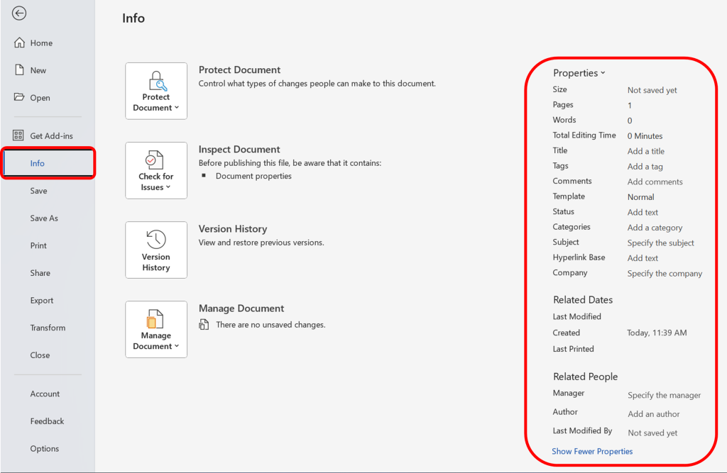 Displays metadata options including details like authorship, keywords, and subject headings for enhancing document identity.