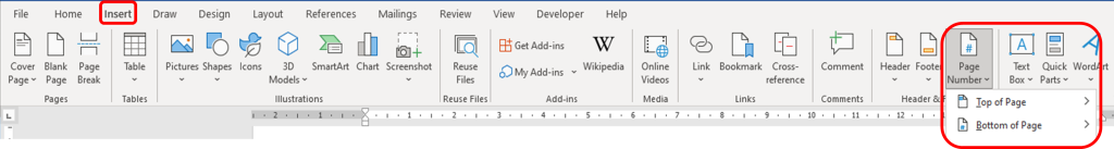 Demonstrating the option of adding page numbers to a document for improved document organization.