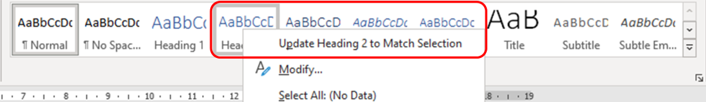 Demonstrates the 'Update Heading to Match Selection' option in the context of updating headings for maintaining consistency in document styling and readability.