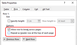 Demonstrates the Table Row Properties option for setting up and configuring header rows.