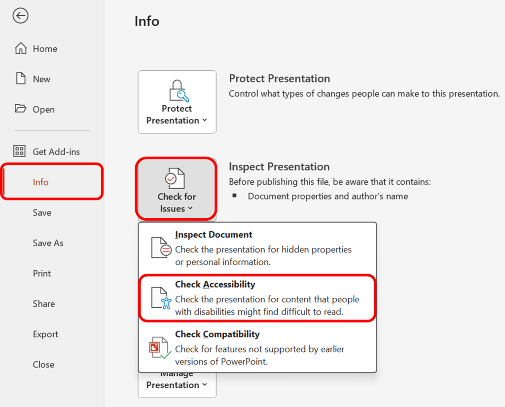 Demonstrates accessing the Accessibility Checker tool for evaluating and enhancing powerpoint accessibility.