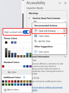 Accessibility Checker identifying 'Hard to Read Text in Table and suggesting users to enhance readability by selecting high contrast colors for Table.