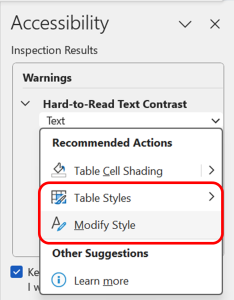 Accessibility Checker identifying 'Hard to Read Text in Table and suggesting users to enhance readability by changing table styles