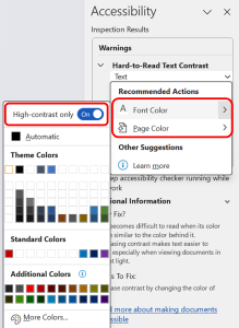 Accessibility Checker identifying 'Hard to Read Text on Page' and suggesting users to enhance readability by selecting high contrast colors for font or page background.