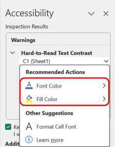 Accessibility Checker identifying 'Hard to Read Text in Cells' and suggesting users to enhance readability by selecting high contrast colors for font or Cell Background