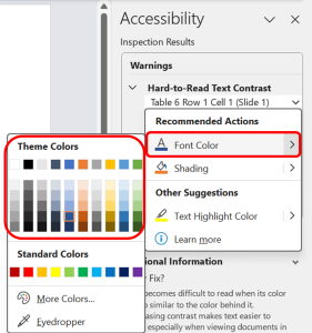 Accessibility Checker identifying 'Hard to Read Text on Page' and suggesting users to enhance readability by selecting high contrast colors for font.