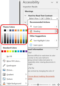 Accessibility Checker identifying 'Hard to Read Text on Page' and suggesting users to enhance readability by selecting high contrast colors for background.