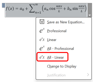 Microsoft Equation Editor options interface with a focus on navigating and selecting the 'Linear' option for enhanced accessibility in formulas.