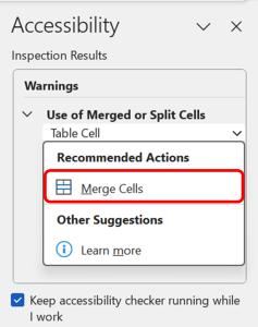 Accessibility Checker detecting 'Split Cells' and suggesting to merge them.