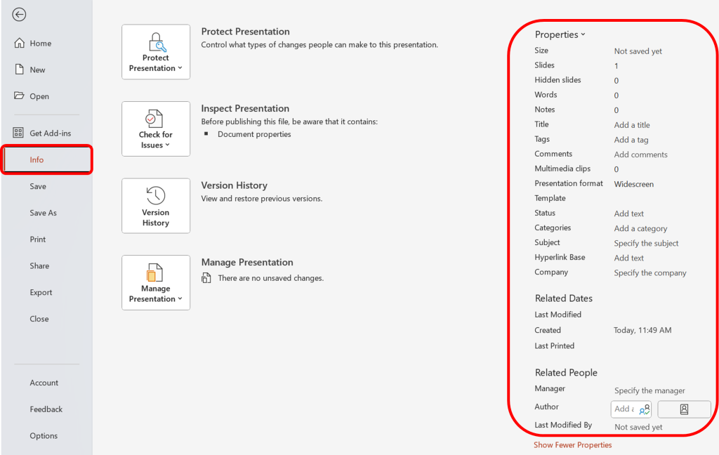 Displays metadata options including details like authorship, keywords, and subject headings for enhancing document identity.