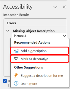 Accessibility Checker error indicating 'Missing Object Description.' prompting user to address this issue by providing a descriptive description for an object or mark it as decorative.