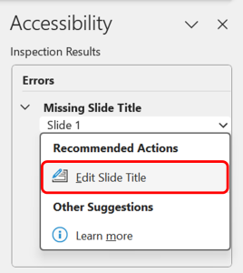 Accessibility Checker noting 'Missing Slide Title' and recommending users to edit the slide title.