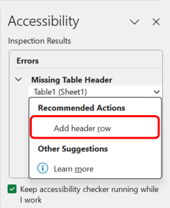 Accessibility Checker detecting 'Missing Table Header' and suggesting to insert a header row.