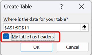 Demonstrates the process of creating a new table and checking the 'My table has header' option.