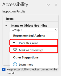Accessibility Checker identifying 'Image or Object Not Inline' and prompting users to address the issue by placing the object in line with text or marking it as decorative.