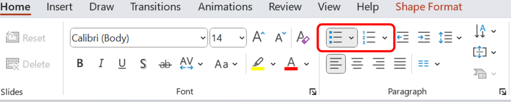 Demonstrates using PowerPoint's features to select and format content into lists.