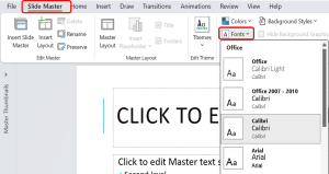 Demonstrates accessing and selecting appropriate fonts within the Slide Master for consistent text formatting across presentation slides.