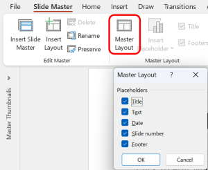 Demonstrates accessing and customizing the Master Layout for consistent design elements, ensuring a cohesive presentation structure.