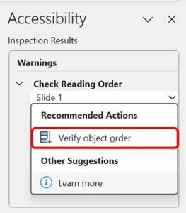 Accessibility Checker prompting users to 'Check Reading Order' and verify the reading order.