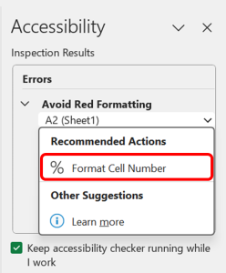 Accessibility Checker cautioning against 'Avoid Red Formatting' and advising users to format cell numbers appropriately.