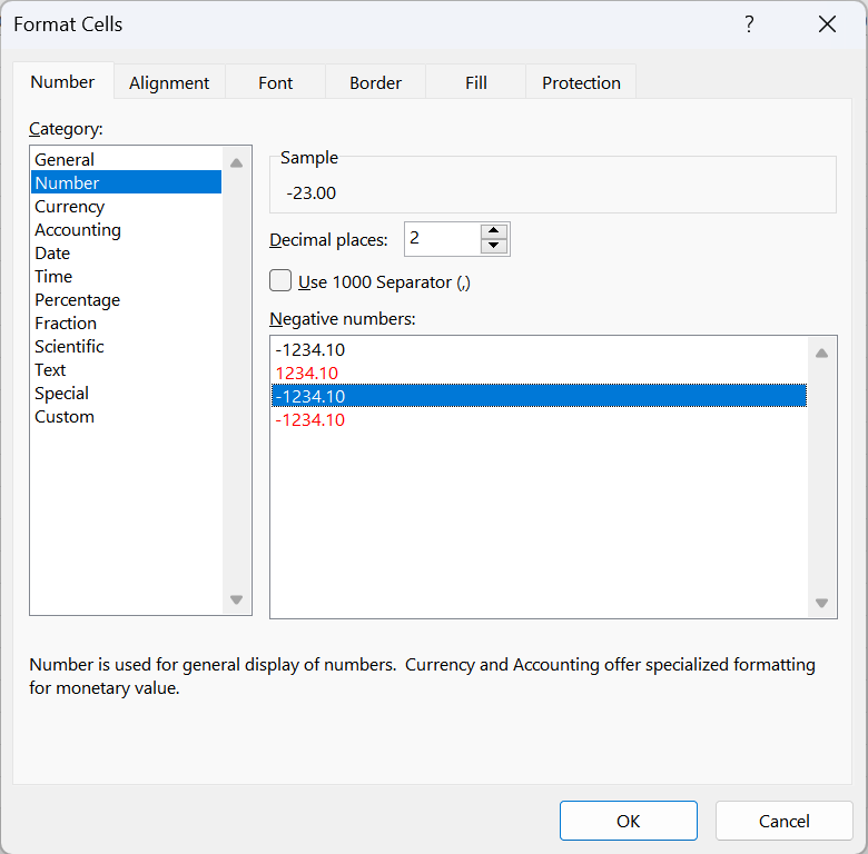 Demonstrates accessing the 'Format Number' option to select number formatting that does not rely on colour for denoting negative numbers.