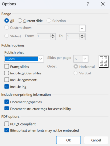 Process of saving a presentation as an accessible PDF and the steps involved in ensuring the PDF version retains accessibility features.