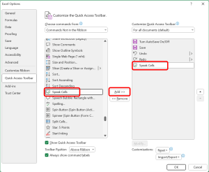 Illustrates the process of adding the Speaker Function to the Quick Access Toolbar.