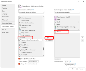 Illustrates the process of adding the Speaker Function to the Quick Access Toolbar.