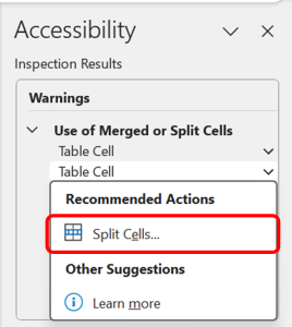 Accessibility Checker detecting 'Merged Cells' and suggesting to split them.