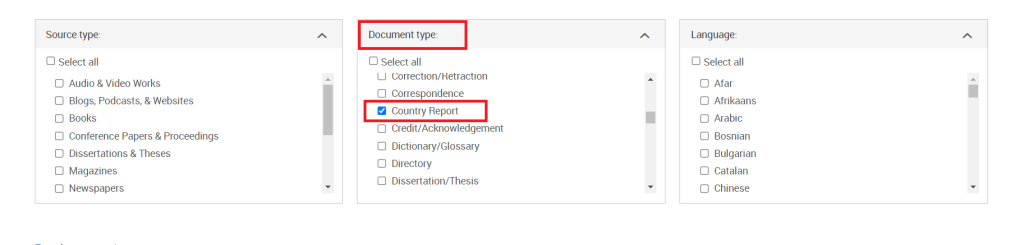 Screenshot of search criteria, with "country report" checked.