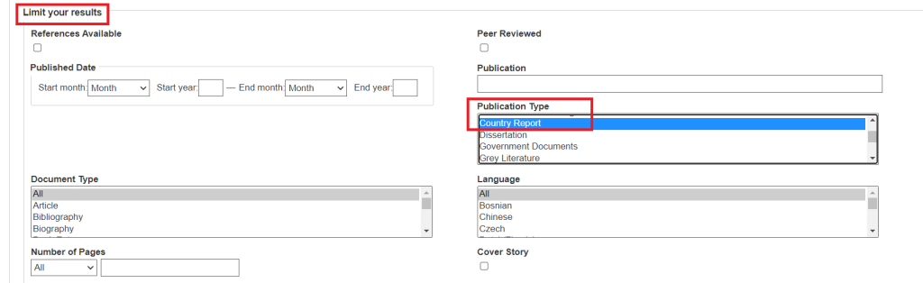 Screenshot of the Search Results limited to Publication Type, with Country Report selected.