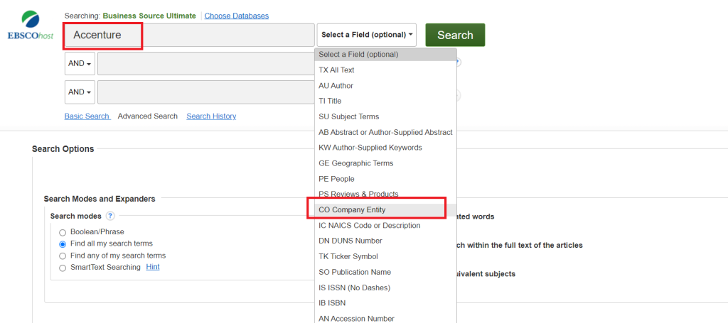 Screenshot for a company search in Business Source Ultimate, using Accenture as an example. The field "Company Entity" is selected.