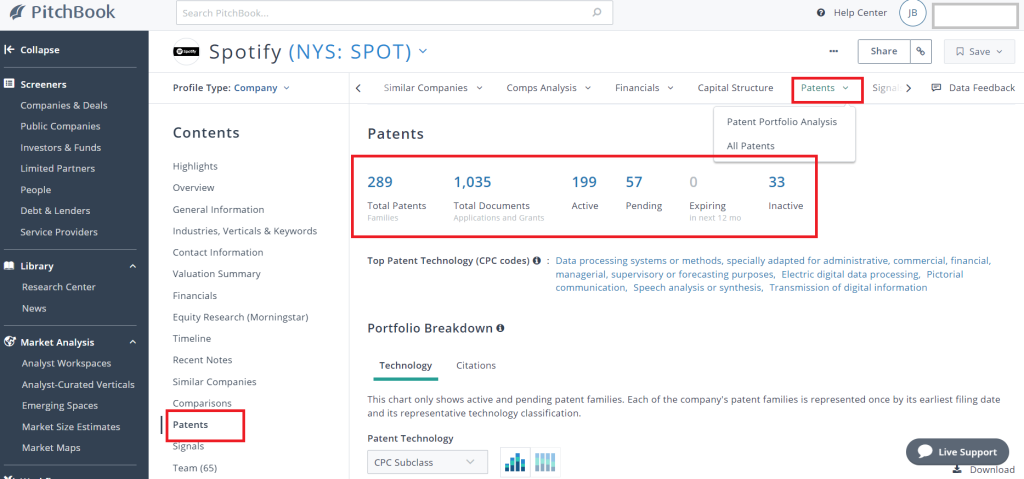 Screenshot of where to locate patents in the company profile for Spotify in PitchBook.