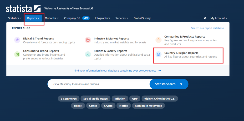 Screenshot of how to locate "Country & Region Reports" in Statista.
