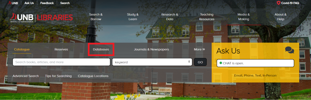 Screenshot of where to locate Passport via the UNB Libraries home page. First, select Databases.
