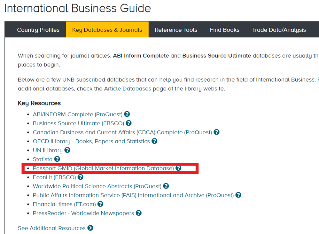 Screenshot of another method to locate the Passport database via the International Business Research Guide. Look under Key Resources, and select.