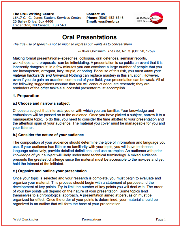 Image of the UNB Writing Centre's Oral Presentations handout.