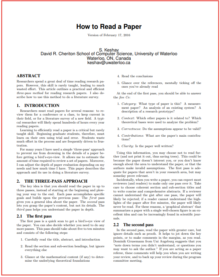 Image of the article "How to Read a Paper". Paper is broken down into parts, including an abstract, the introduction, and the three-pass approach.