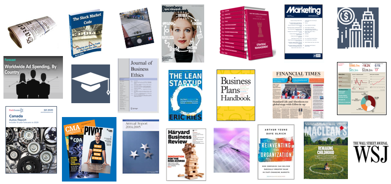 A collage of book, journal, magazine and newspaper titles that are held by UNB Libraries, including the Wall Street Journal and Harvard Business Review.