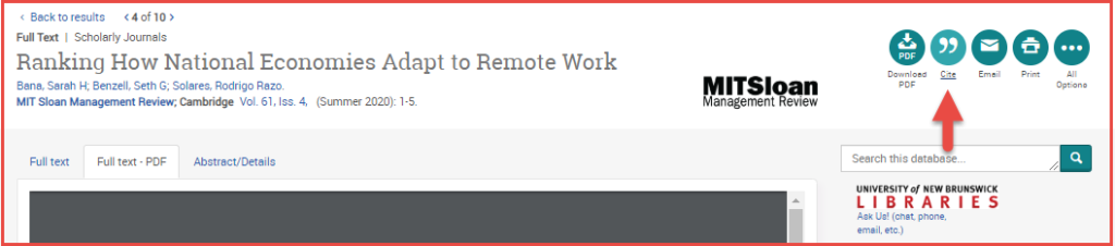 Screen shot of the citation tool in ABI Inform for an article from MITSloan Management Review.