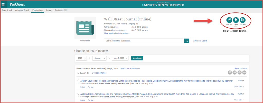 Screenshot of the RSS and Alert features for the Wall Street Journal in ABI/INFORM.