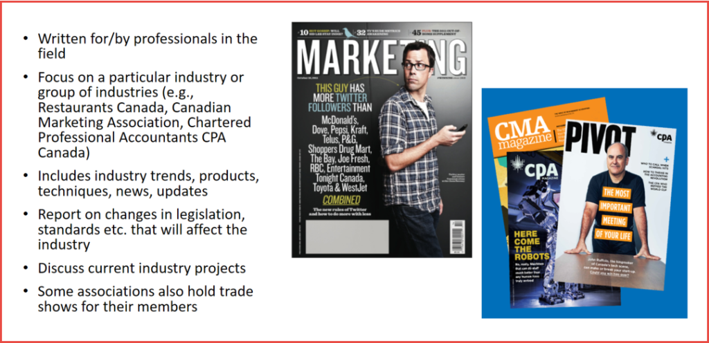 Examples of trade publications, including Marketing. Text containing characteristics of trade publications is on the left.