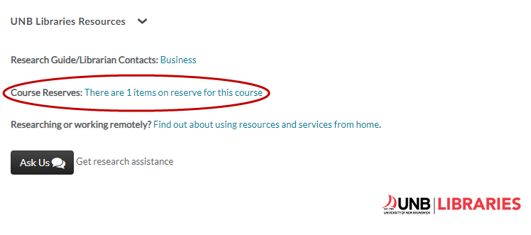 Screenshot of the Course Reserves information available via D2L.