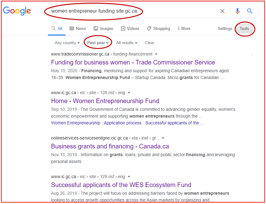 Screenshot of a Google search for "women entrepreneur funding" on the Government of New Brunswick site.