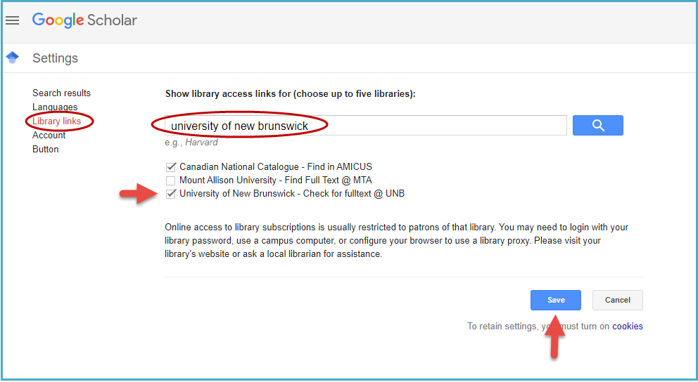 Screenshot of Google Scholar Settings with access links for the University of New Brunswick.